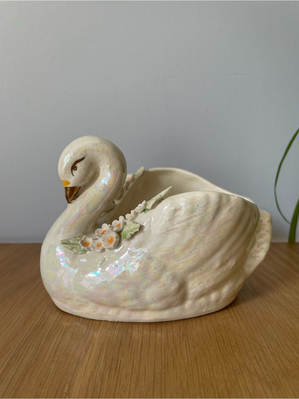 Vintage Midcentury Iridescent Ceramic Swan Planter